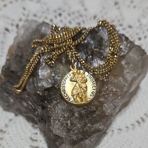 Vintage Gold St. Christopher Medallion Necklace with Gold Chain